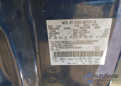 2007 Ford F-150 Fx2/Xlt из США, поврежденный, VIN 1FTRW12WX7KC22265